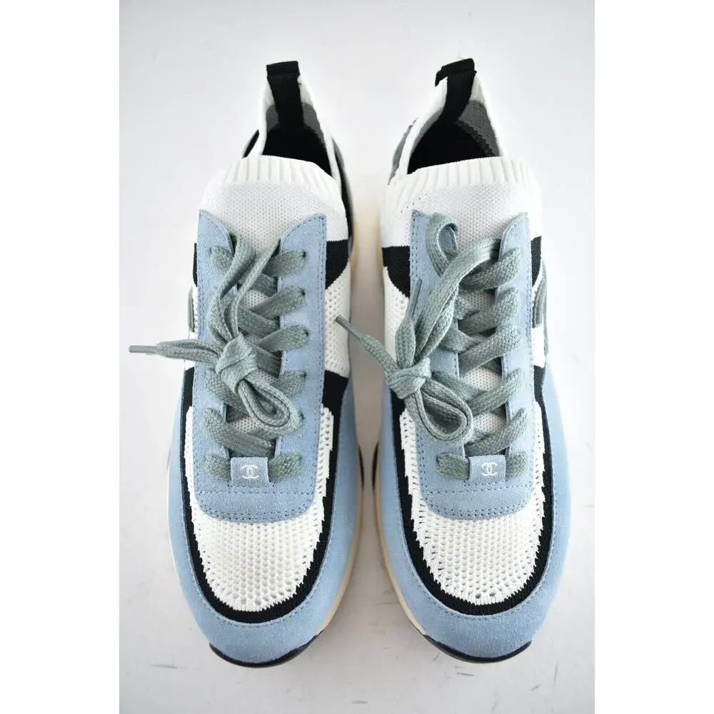 Chanel 22C Mens Blue White Grey Suede Knit CC Logo Low Top Trainer Sneaker 44 11 - Picture 4 of 8